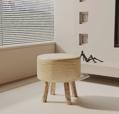 Round Woven Side Table With Wooden Legs In Minimalist Interior Space 3d model