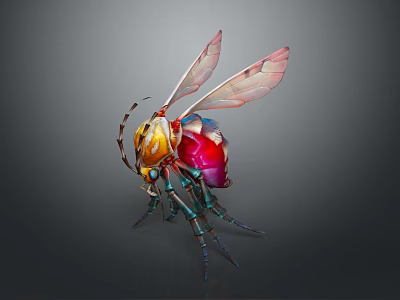 Vibrant Colorful Fantasy Bee With Yellow Red Blue Body And Transparent Wings 3d model