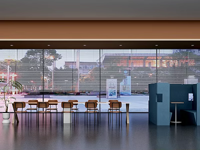 Modern Lounge Area With Large Windows Street View Tables Chairs And Blue Partition 3d model