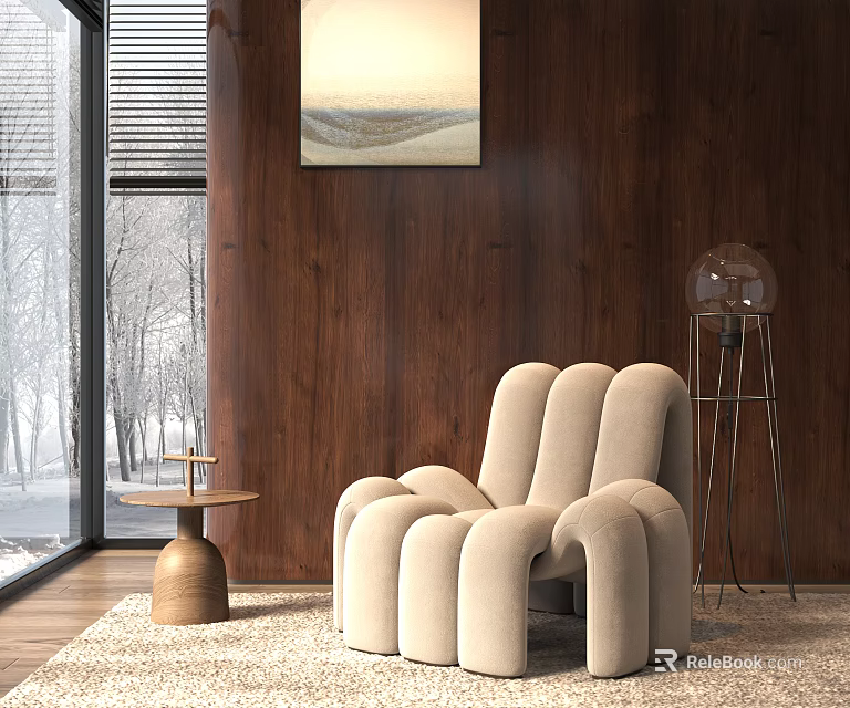 Modern Beige Single Sofa Interior With Wooden Wall Decorative Painting And Floor Lamp 3d model 
