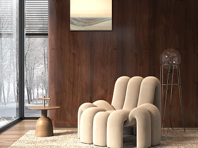 Modern Beige Single Sofa Interior With Wooden Wall Decorative Painting And Floor Lamp 3d model