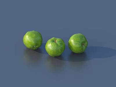 Three Fresh Green Apples Placed on Gray Background Showing Shiny Reflections 3d model
