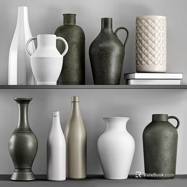 Decorative Ceramic Vessels With Various Colors And Shapes Displayed On Shelves 3d model 