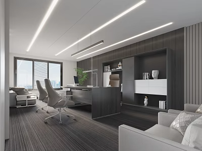 Modern Office Interior Design With Desk Office Chairs Sofa Bookshelf Windows And Lighting 3d model