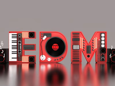 EDM Themed Visual Art With Red Letters Piano Keyboard Vinyl Record And Sound Equipment 3d model