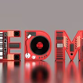 EDM Themed Visual Art With Red Letters Piano Keyboard Vinyl Record And Sound Equipment