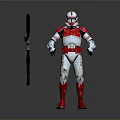 Red And White Armored Soldier Figure Standing With Long Weapon In Gray Setting