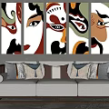 Elegant Living Room Decor With Sofa Five Facial Mask Paintings Table Lamps And Decorative Walls