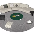 Beige Curved Sofa Coffee Table Set With Green Round Table Fruits Magazine And Gray Rug