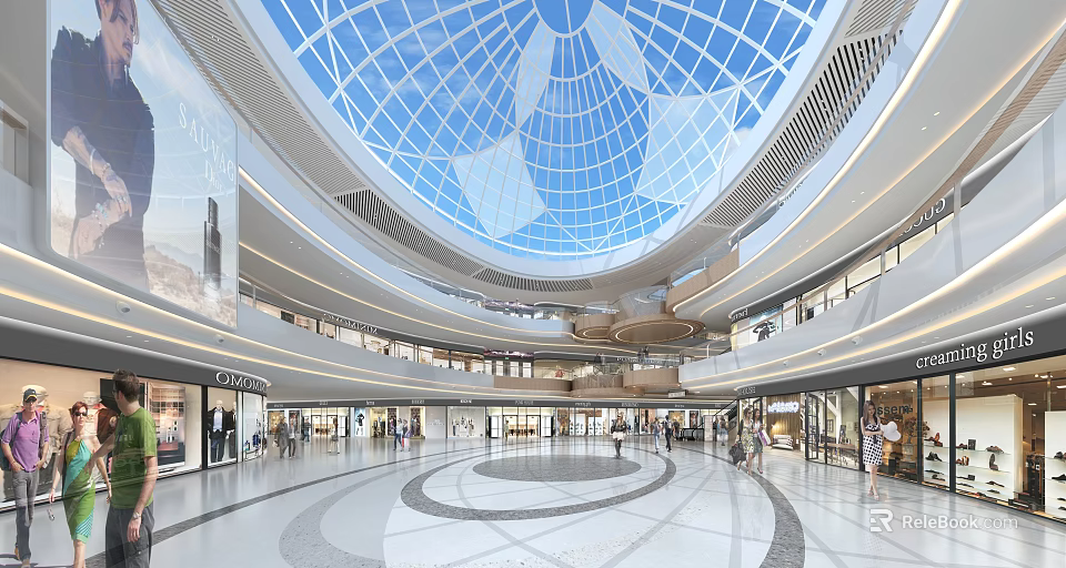 Shopping Mall Atrium With Domed Glass Ceiling Multi Level Shops And Circular Floor Design 3d model 