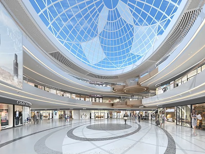 Shopping Mall Atrium With Domed Glass Ceiling Multi Level Shops And Circular Floor Design 3d model
