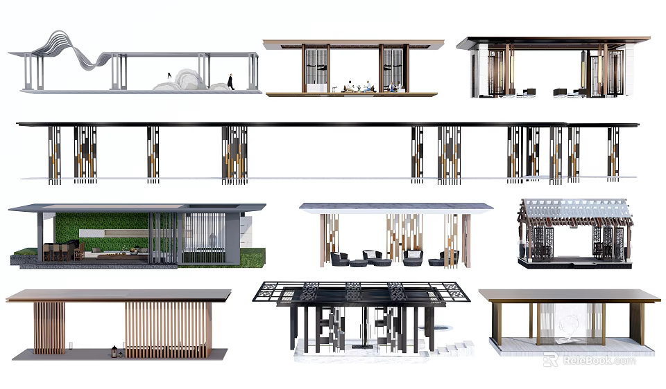 Various Modern Pergola Design Options With Wooden Structures And Outdoor Decor 3d model 