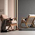 Modern Wooden Rocking Chair With Comfortable Cushion And Plaid Blanket