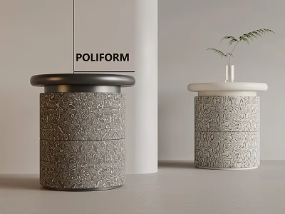 POLIFORM Textured Side Tables with Black And White Tops and Small Plant In Modern Interior 3d model