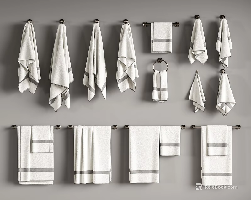 Soft White Gray Striped Cotton Bath And Hand Towels Hanging On Racks 3d model 
