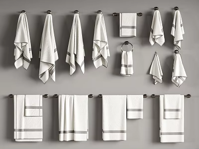 Soft White Gray Striped Cotton Bath And Hand Towels Hanging On Racks 3d model