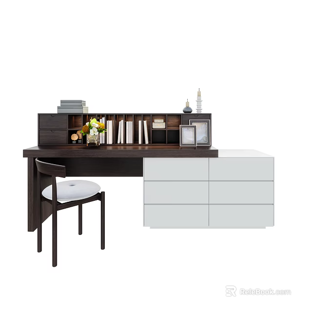 Modern Home Office Desk With Bookshelf Books Decorative Vase And Drawer Cabinet 3d model 