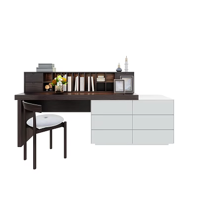 Modern Home Office Desk With Bookshelf Books Decorative Vase And Drawer Cabinet 3d model