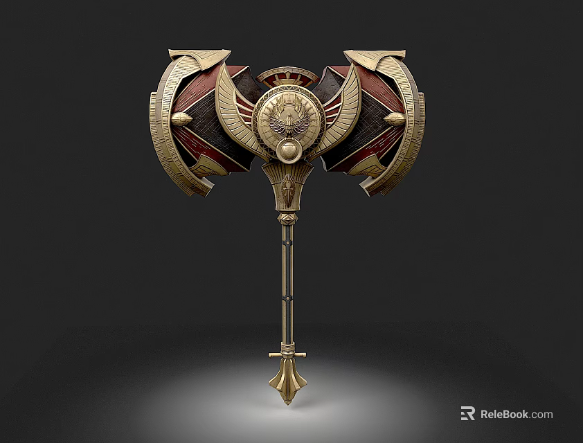 Ornate Mythical War Hammer With Golden Red Accents Wing Shaped Design And Spiked Base 3d model 