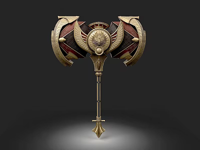 Ornate Mythical War Hammer With Golden Red Accents Wing Shaped Design And Spiked Base 3d model