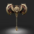 Ornate Mythical War Hammer With Golden Red Accents Wing Shaped Design And Spiked Base