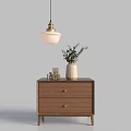Modern Wooden Nightstand Design With Two Drawers Vase Green Plants Small Jars And Hanging Lamp