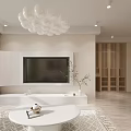Elegant Living Dining Room Interior Design With Brown Sofa White Coffee Table Spherical Chandelier And Decorative Paintings