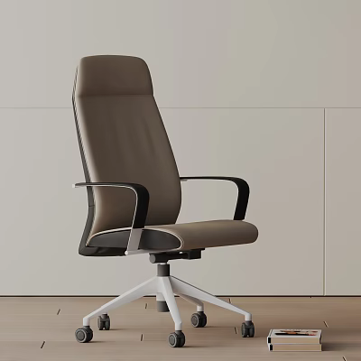 Modern Brown Leather Office Chair With Black Armrests And White Metal Swivel Base 3d model