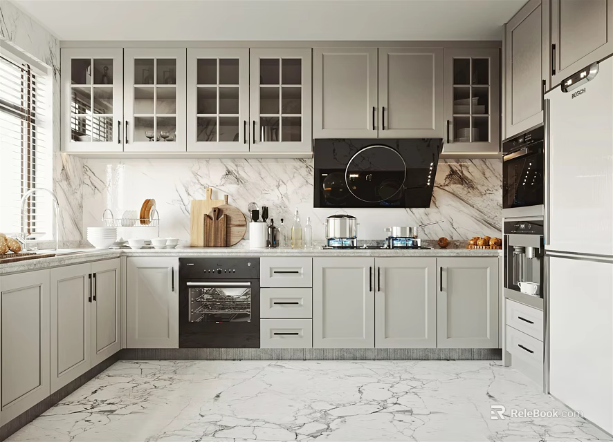 Modern Kitchen Interior With Marble Backsplash Light Gray Glass Door Cabinets And Stainless Steel Appliances 3d model 