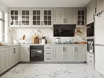 Modern Kitchen Interior With Marble Backsplash Light Gray Glass Door Cabinets And Stainless Steel Appliances 3d model