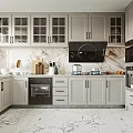 Modern Kitchen Interior With Marble Backsplash Light Gray Glass Door Cabinets And Stainless Steel Appliances