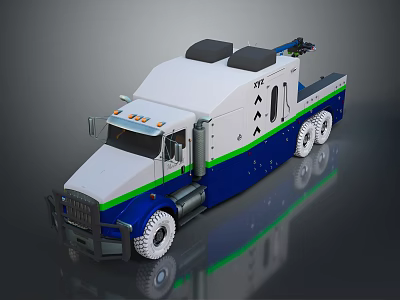 Heavy Duty Truck With White Blue Green Stripe Cab Multiple Wheels And Platform 3d model