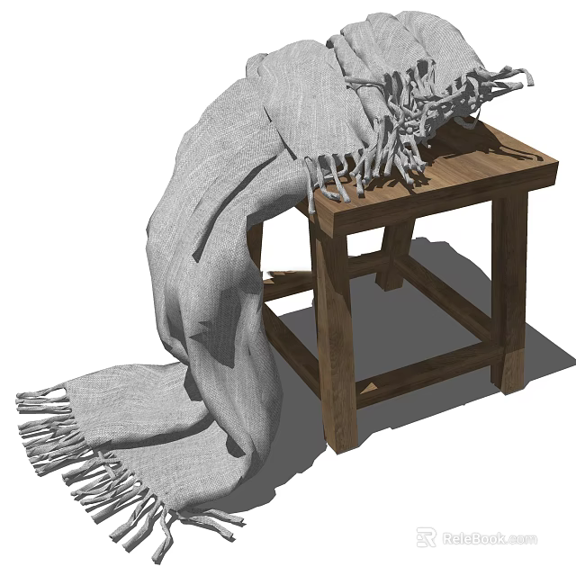 Rustic Wooden Stool With Soft Gray Fringed Blanket Draped Over Seat 3d model 