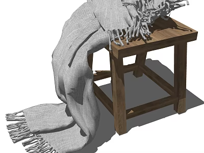 Rustic Wooden Stool With Soft Gray Fringed Blanket Draped Over Seat 3d model