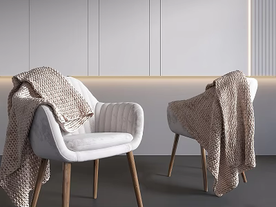 White Upholstered Leisure Chairs With Wooden Legs And Knitted Blankets In Minimalist Grey Room 3d model