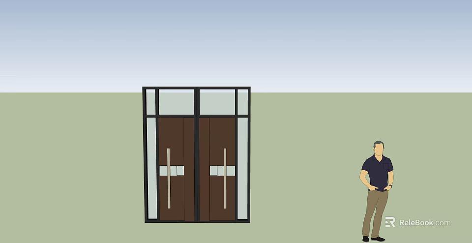 Brown Wooden Entry Double Doors With Glass Panels And Man Standing Next To 3d model 