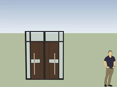 Brown Wooden Entry Double Doors With Glass Panels And Man Standing Next To 3d model