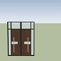 Brown Wooden Entry Double Doors With Glass Panels And Man Standing Next To