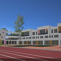 Modern School Building With White Exterior Glass Windows Playground Running Track And Yellow Slide