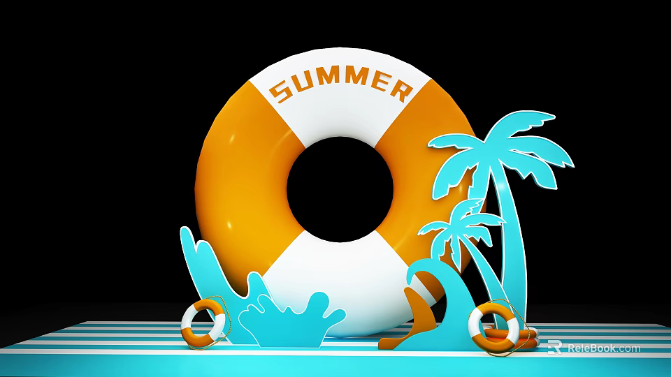 Summer Themed Commercial Lifebuoy Equipment with Palm Trees Waves and Floats 3d model 