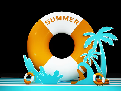 Summer Themed Commercial Lifebuoy Equipment with Palm Trees Waves and Floats 3d model