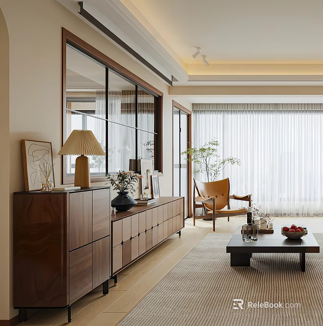 Modern Console Table Interior Design With Wooden Frame Decorative Vase And Table Lamp 3d model 