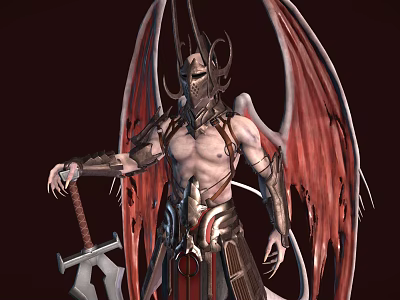 Game Movie Character With Red Wings Horned Mask Armored Body And Sword 3d model