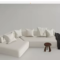White Sectional Sofa With Multiple Pillows Dark Throw Blanket And Wooden Stool 3d model