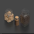 Transparent Glass Storage Jars With Beans Spices And Small Wooden Cork Bottle
