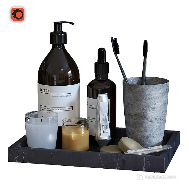 Daily Washing Essentials On Black Tray With Hand Soap Toothbrushes Toothpaste Soap Bars And Candles 3d model 