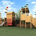 Garden Landscape With Wooden Pirate Ship Playground Slide Climbing Net And Red Flag