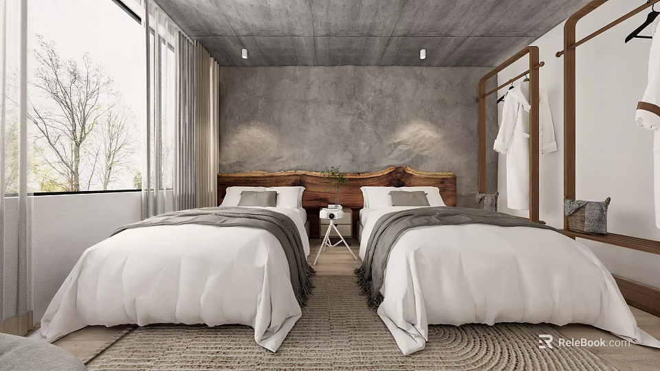 Hotel Room Interior With Twin Beds White Linens Gray Walls And Wooden Headboard 3d model 