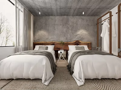 Hotel Room Interior With Twin Beds White Linens Gray Walls And Wooden Headboard 3d model