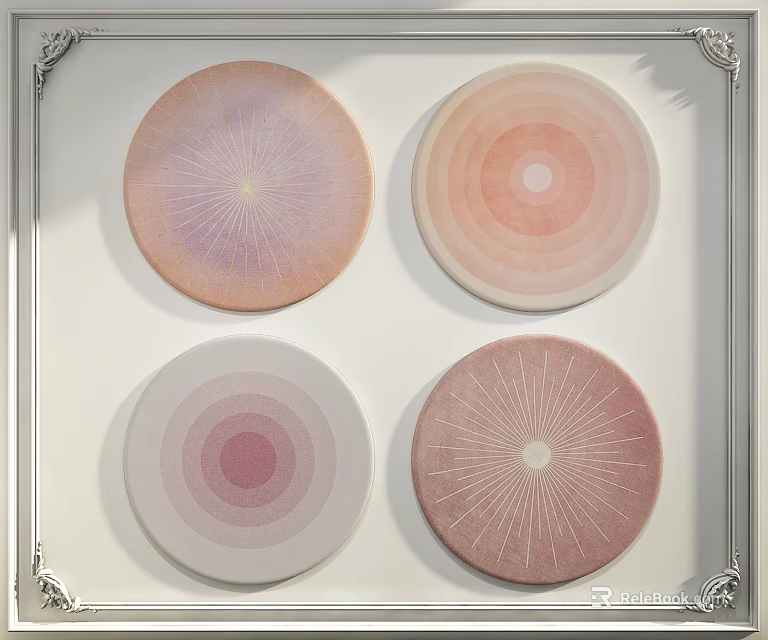 Modern Decorative Pastel Pink Round Carpets with Concentric Circles and Radiating Patterns 3d model 